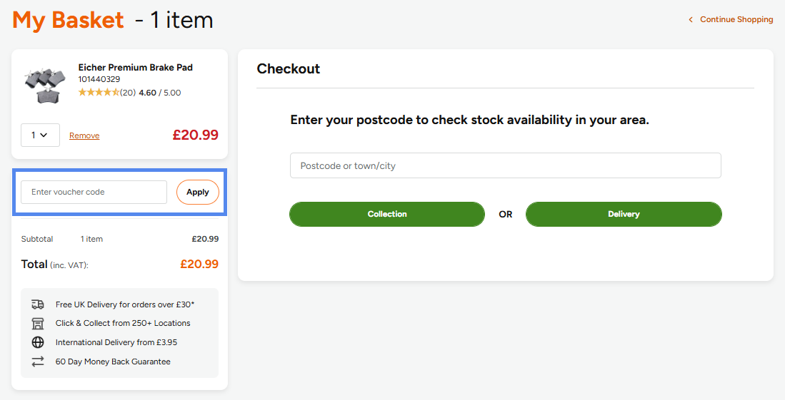 Where to find the voucher code box in the basket.