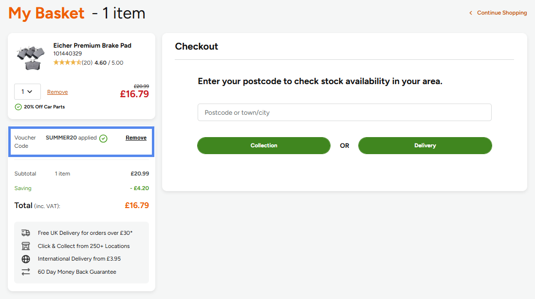 Voucher code applied in the basket.