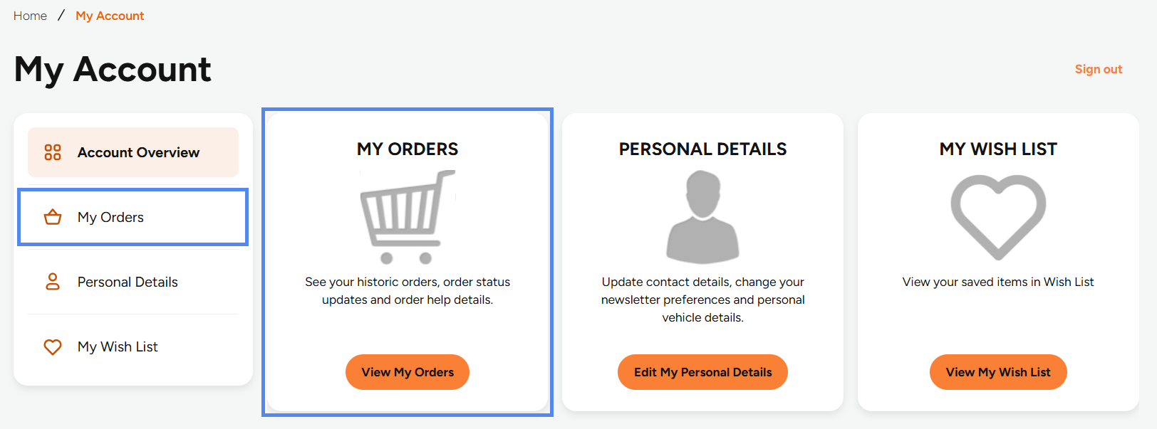 My account section highlighting my orders.